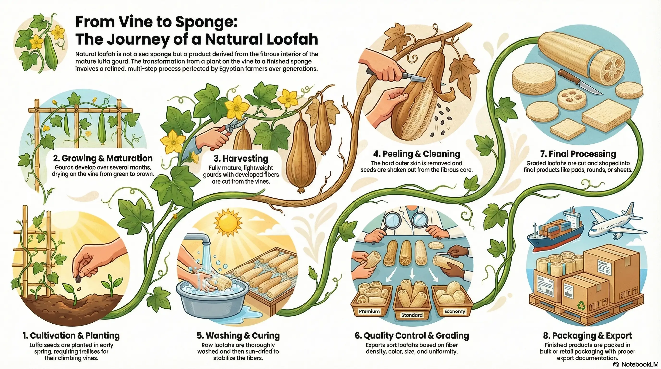 Natural loofah production process infographic showing stages from cultivation through export